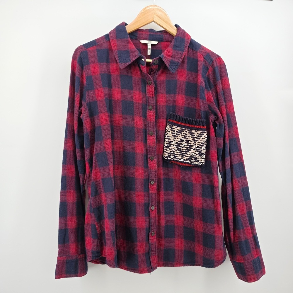 BKE Eased Womens Red Navy Buffalo Plaid Flannel Shirt Knit Pocket Size Medium